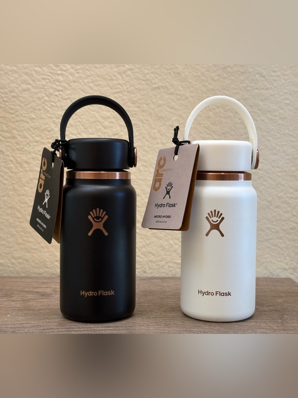 2 Micro Hydro Flasks 6.7oz Arc Collection Matte Black & Chalk White w/ Copper